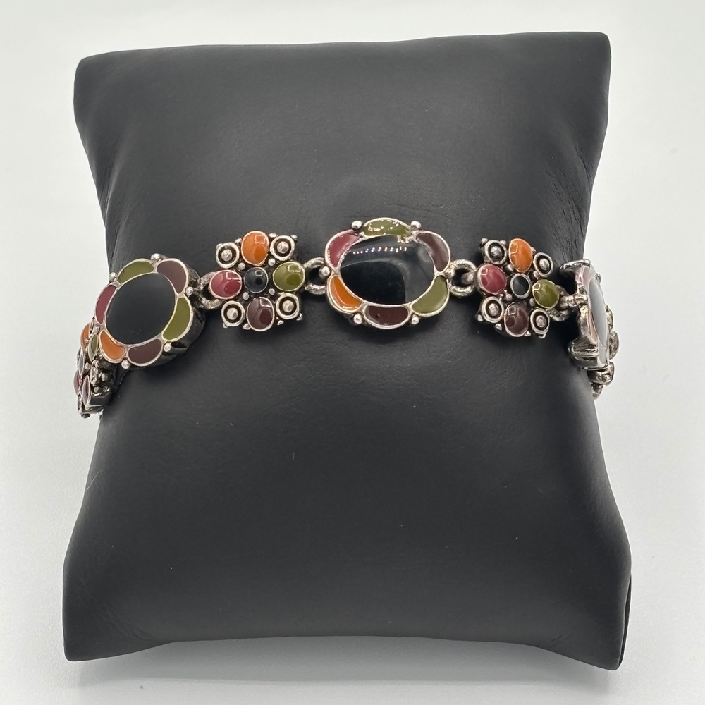 Floral Enamel Link Bracelet Women OS Multi-Color Silver-Tone Boho